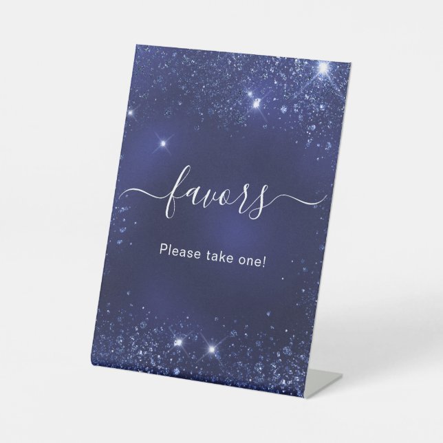 Wedding navy blue sparkles favors pedestal sign (Front)