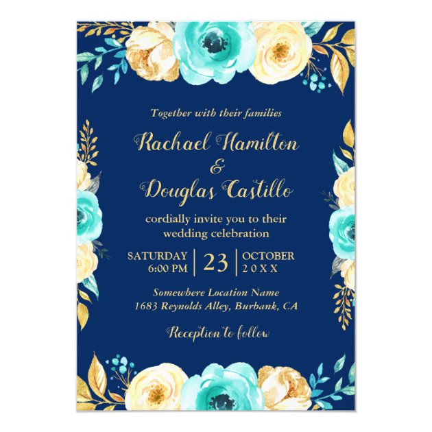 Wedding Navy Blue Teal Gold Floral Romantic Invitation