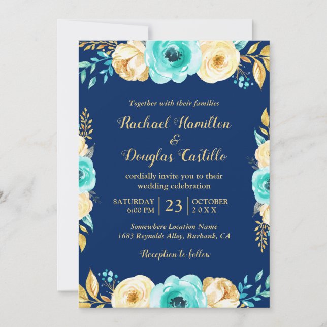 Wedding Navy Blue Teal Gold Floral Romantic Invitation (Front)