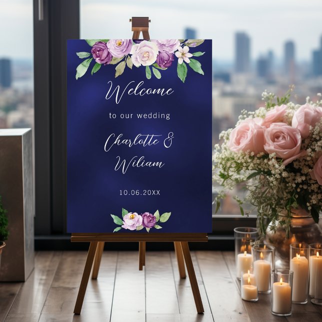 Wedding navy blue violet purple florals welcome foam board (Creator Uploaded)