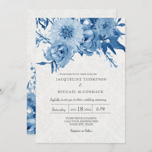 Wedding Navy Blue White Chintz Lace Damask Floral Invitation