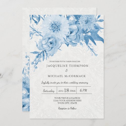 Wedding Navy Blue White Chintz Lace Damask Floral Invitation