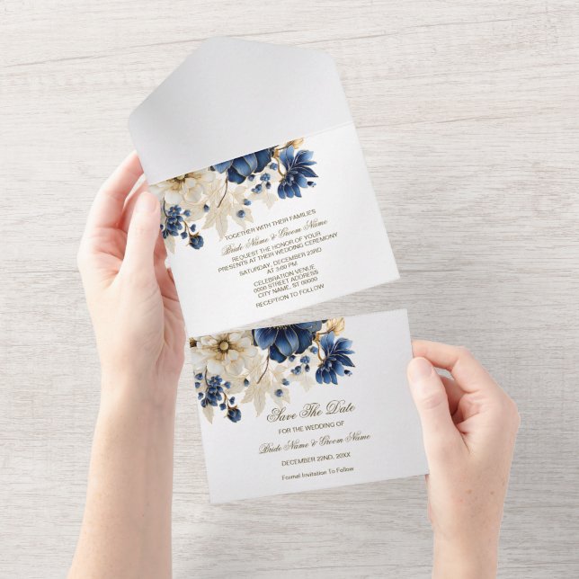 Wedding Navy Blue White Golden Floral Silver All In One Invitation (Tearaway)