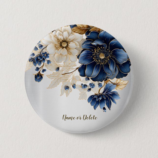 Wedding Navy Blue White Golden Floral Silver Button (Front)