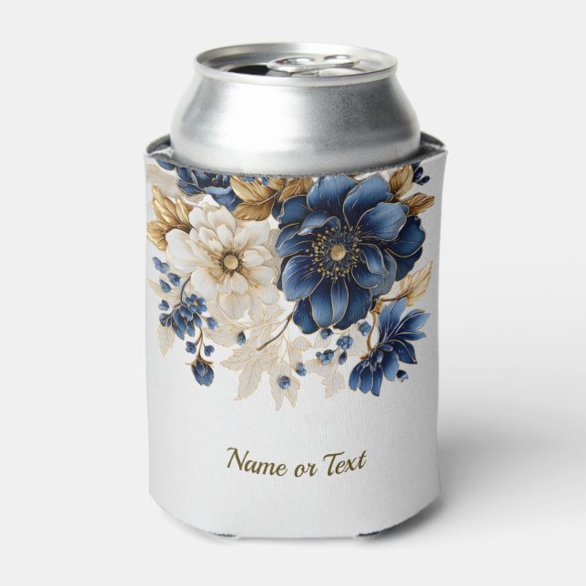 Wedding Navy Blue White Golden Floral Silver Can Cooler (Can Front)