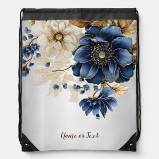 Wedding Navy Blue White Golden Floral Silver Drawstring Bag
