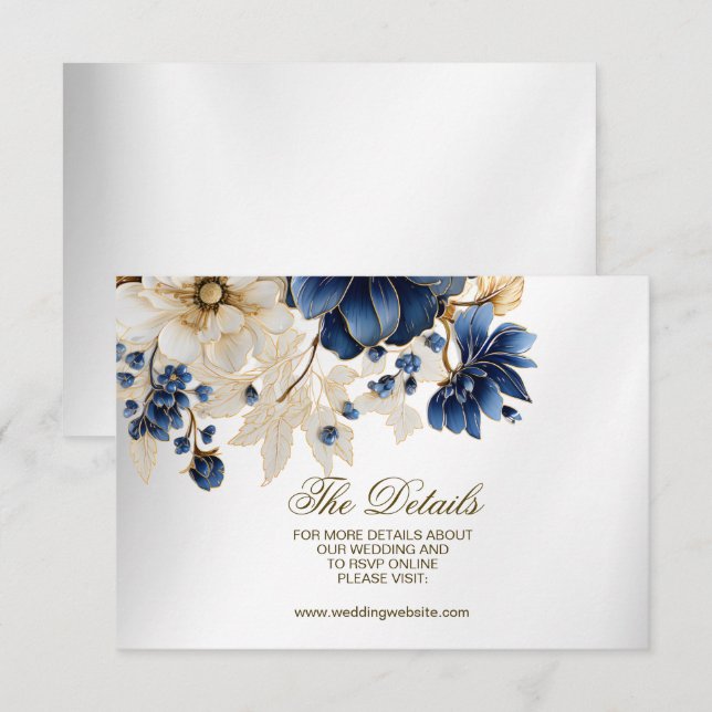 Wedding Navy Blue White Golden Floral Silver Enclosure Card (Front/Back)