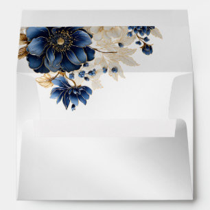 Wedding Navy Blue White Golden Floral Silver Envelope