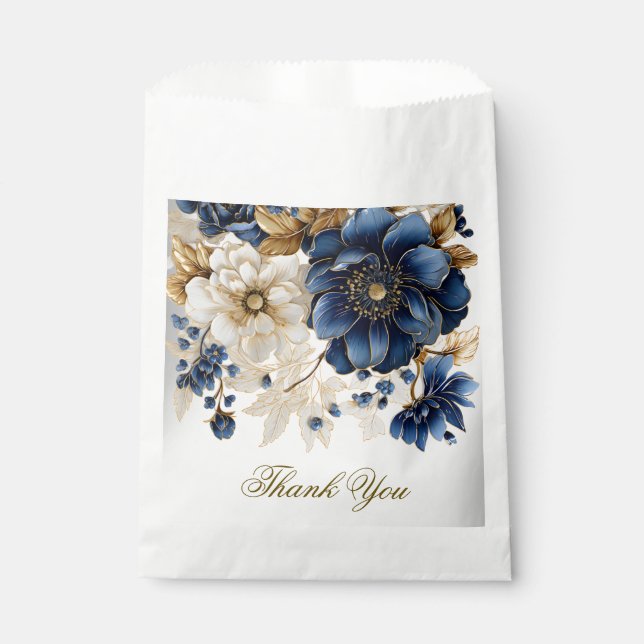 Wedding Navy Blue White Golden Floral Silver Favor Bag (Front)