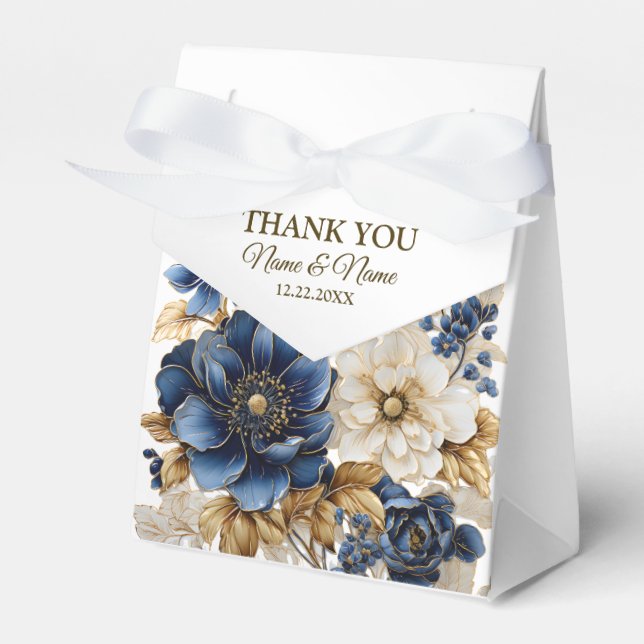Wedding Navy Blue White Golden Floral Silver Favor Boxes (Front Side)