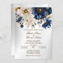 Wedding Navy Blue White Golden Floral Silver