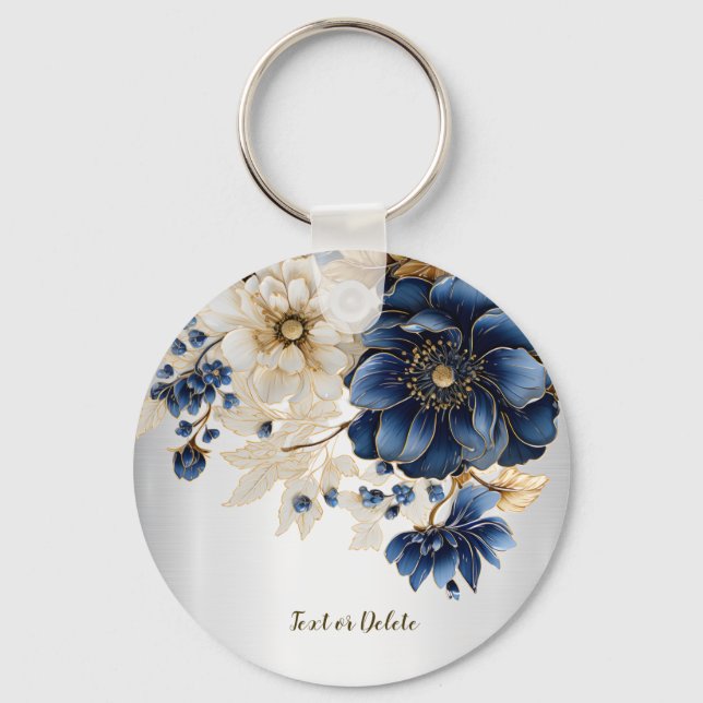 Wedding Navy Blue White Golden Floral Silver Keychain (Front)