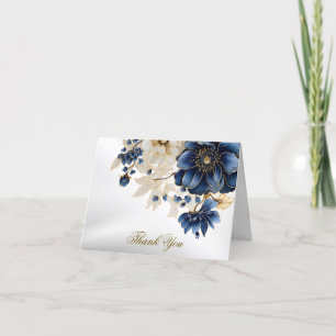 Wedding Navy Blue White Golden Floral Silver Letterpress Thank You Card