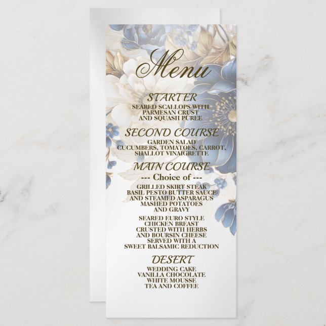 Wedding Navy Blue White Golden Floral Silver Menu (Front/Back)