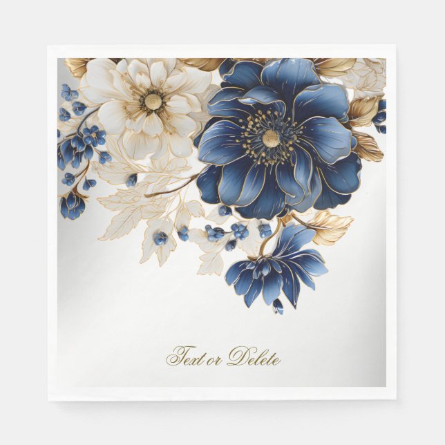 Wedding Navy Blue White Golden Floral Silver Napkins (Front)
