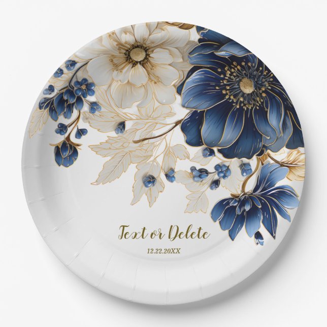 Wedding Navy Blue White Golden Floral Silver Paper Plates (Front)