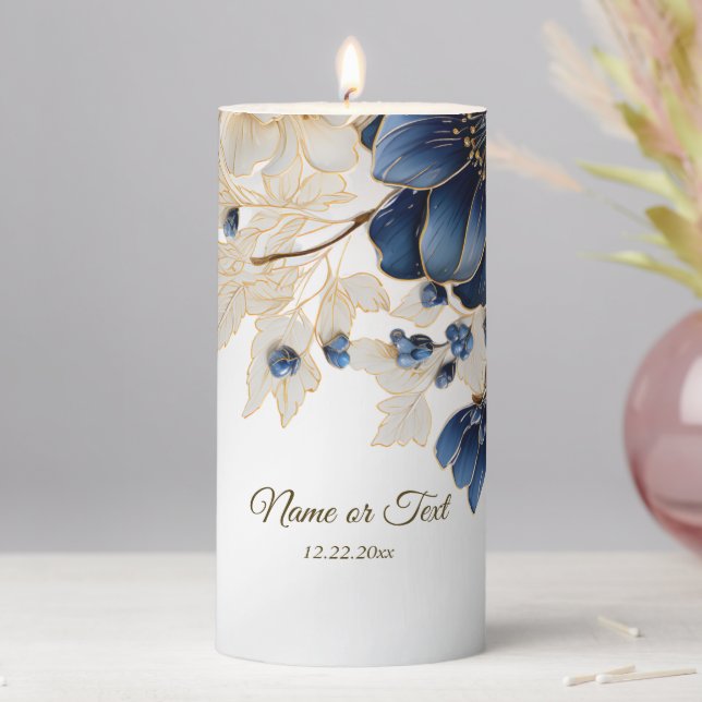 Wedding Navy Blue White Golden Floral Silver Pillar Candle (In Situ)