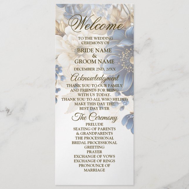Wedding Navy Blue White Golden Floral Silver Program (Front)