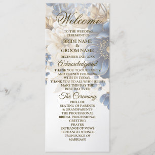 Wedding Navy Blue White Golden Floral Silver Program