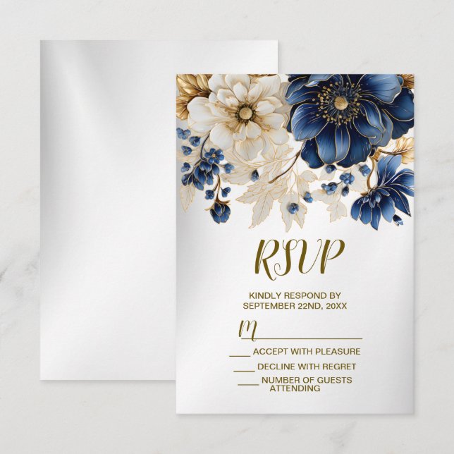 Wedding Navy Blue White Golden Floral Silver RSVP Card (Front/Back)