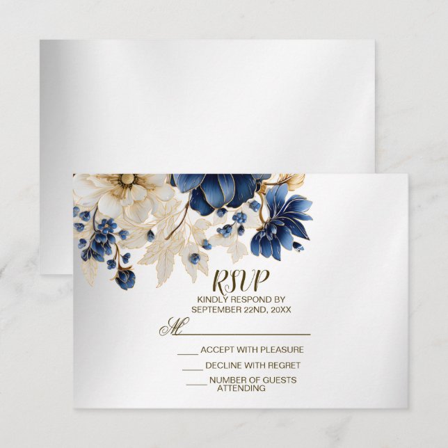 Wedding Navy Blue White Golden Floral Silver RSVP Card (Front/Back)