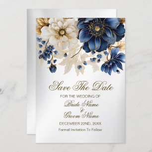 Wedding Navy Blue White Golden Floral Silver Save The Date