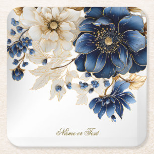 Wedding Navy Blue White Golden Floral Silver Square Paper Coaster