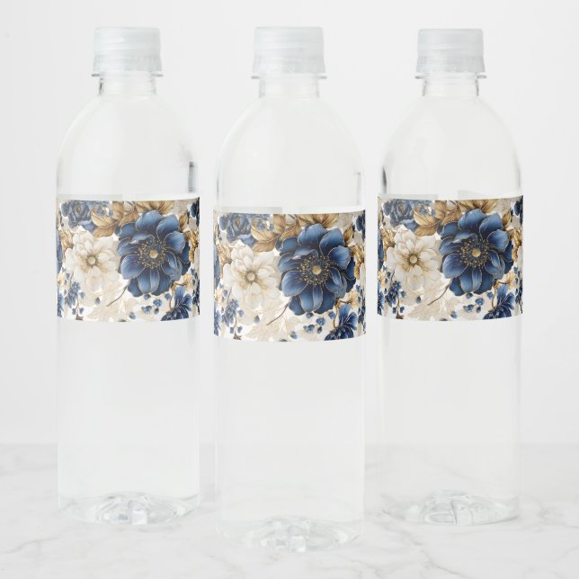 Wedding Navy Blue White Golden Floral Silver Water Bottle Label (Bottles)