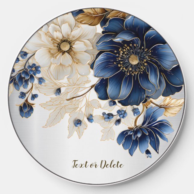Wedding Navy Blue White Golden Floral Silver Wireless Charger (Front)