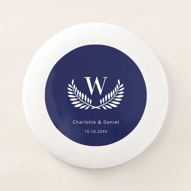 Wedding navy blue white laurel wreath monogram Wham-O frisbee (Front)