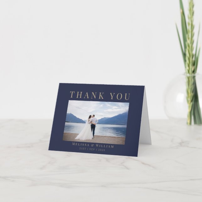 Wedding Navy Gold Letterpress Thank You Card (Front)