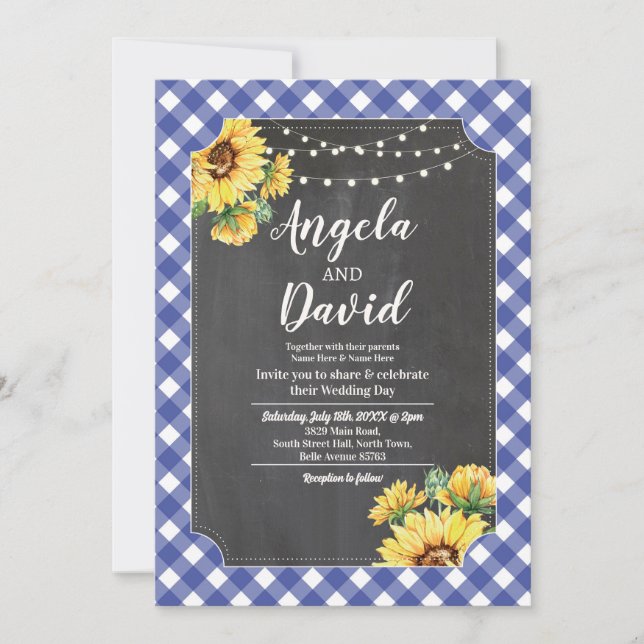 Wedding Navy Sunflower Gingham Floral Lights Invitation (Front)