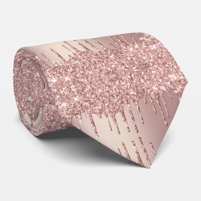 Wedding Neck Tie - Rose Gold Blush Glitter Drips (Rolled)