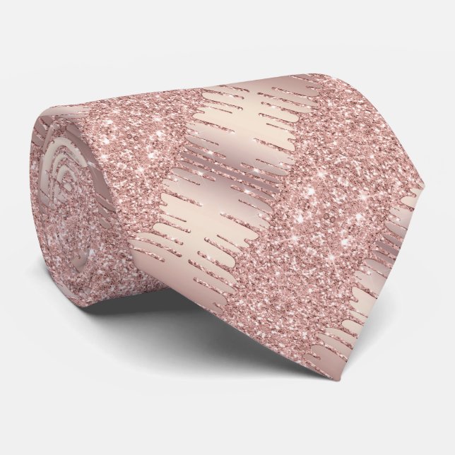 Wedding Neck Tie - Rose Gold Blush Sparkle Drips (Rolled)