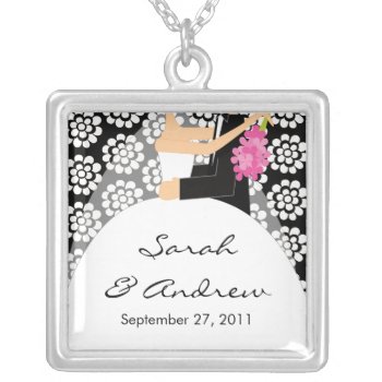 Wedding Necklace Bride & Groom Black White Floral by celebrateitgifts at Zazzle