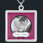 Wedding Necklace Photo Black Pink Damask Pendant<br><div class="desc">Pink & Black Damask Photo wedding couple photo necklace!  Perfect gift for the newly wed couple!</div>
