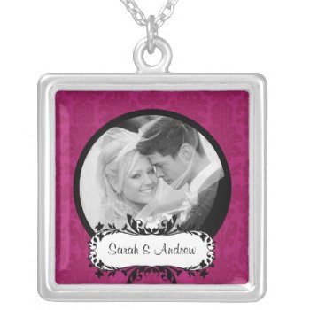 Wedding Necklace Photo Black Pink Damask Pendant by celebrateitgifts at Zazzle