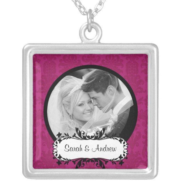 Wedding Necklace Photo Black Pink Damask Pendant (Front)