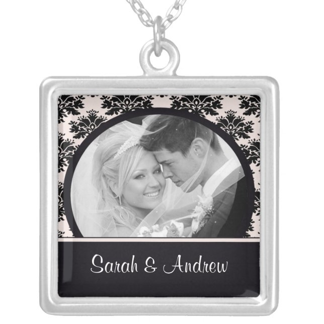 Wedding Necklace Photo Black Pink Damask Pendant (Front)