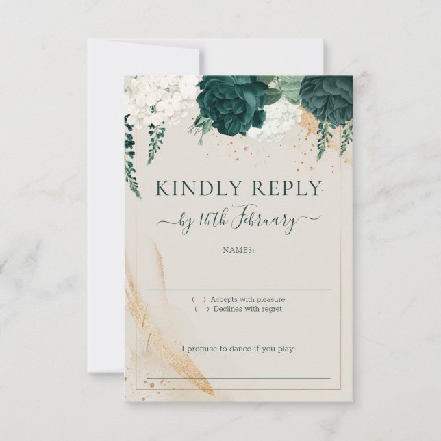 Wedding Neutral Cream Signature Emerald Green Rose RSVP Card (Front)