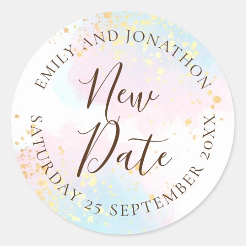 Wedding New date Pink Teal Watercolor Gold Names Classic Round Sticker
