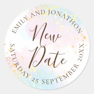 Wedding New date Pink Teal Watercolor Gold Names Classic Round Sticker
