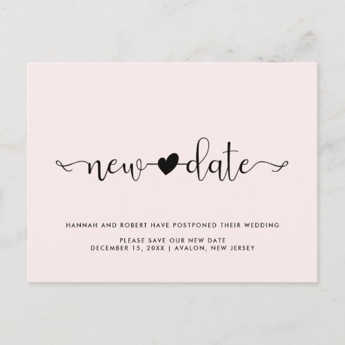 Wedding New Date Postponement with Heart Pink Announcement Postcard