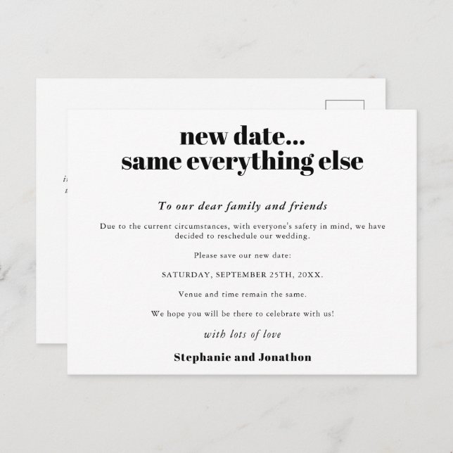 Wedding New Date Same Everything Else Simple Text Announcement Postcard (Front/Back)