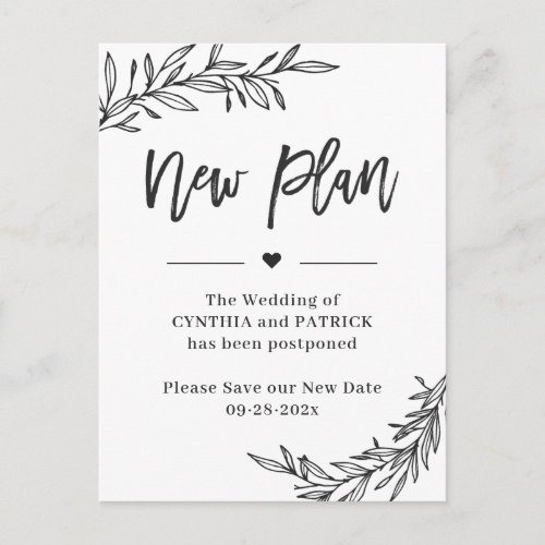 Wedding New Plan Save the New Date Postponed Postcard - Wedding Postponed Announcement Template - Elegant Simple Minimalist New Plan Date Postcard.
(1) For further customization, please click the "customize further" link and use our design tool to modify this template.
(2) If you need help or matching items, please contact me.