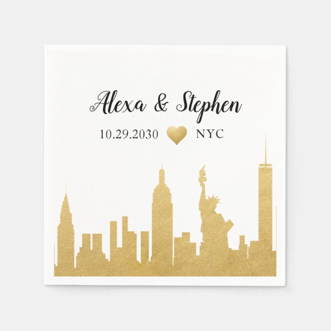 Wedding New York City Heart NYC Skyline Gold Napkins (Front)