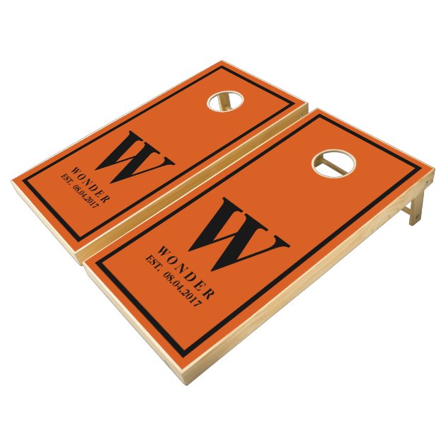 Wedding Newly Wed Monogram black Bright orange Cornhole Set
