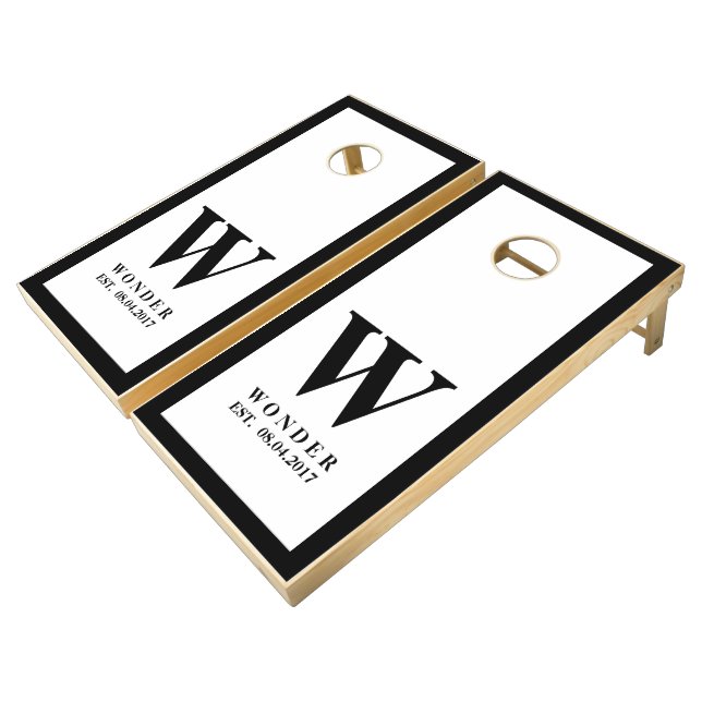 Wedding Newly Wed Monogram black Cornhole Set (Angled)