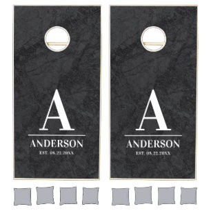 Wedding Newly Wed Monogram Black Marble Cornhole Set