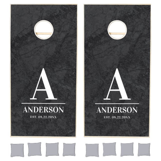 Wedding Newly Wed Monogram Black Marble Cornhole Set (Set)